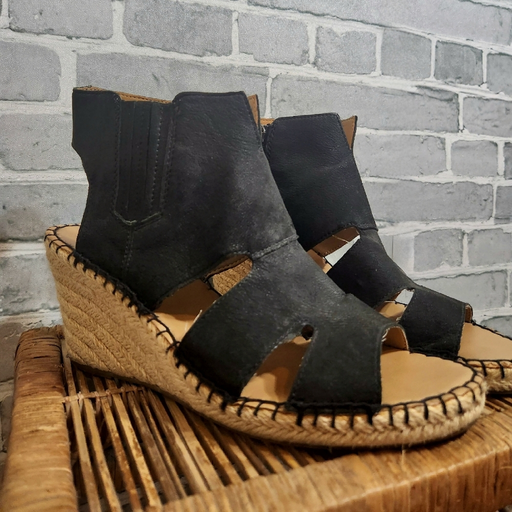 Size 9.5 Franco Sarto Nola Black Suede Wedge Wrap Espadrilles